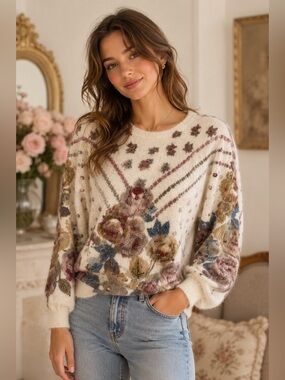 Vintage Size Small Angora Wool Blend Dolman Beaded Sweater